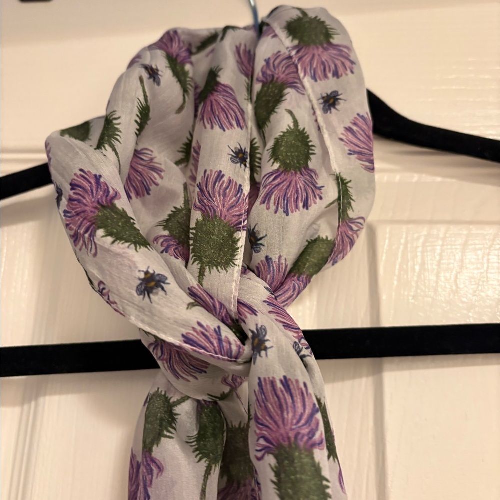 Silk Floral Print Scarf with Purple and Green Accents bought in Scotland